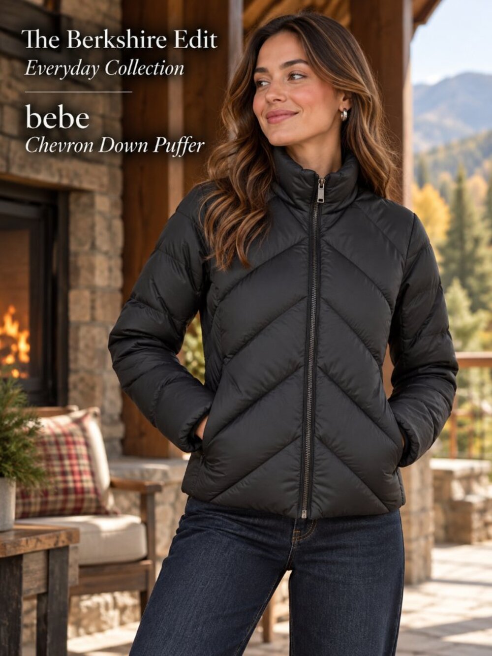 bebe Black Down Puffer Jacket S Chevron Quilted 80% Down Feather Zip Front